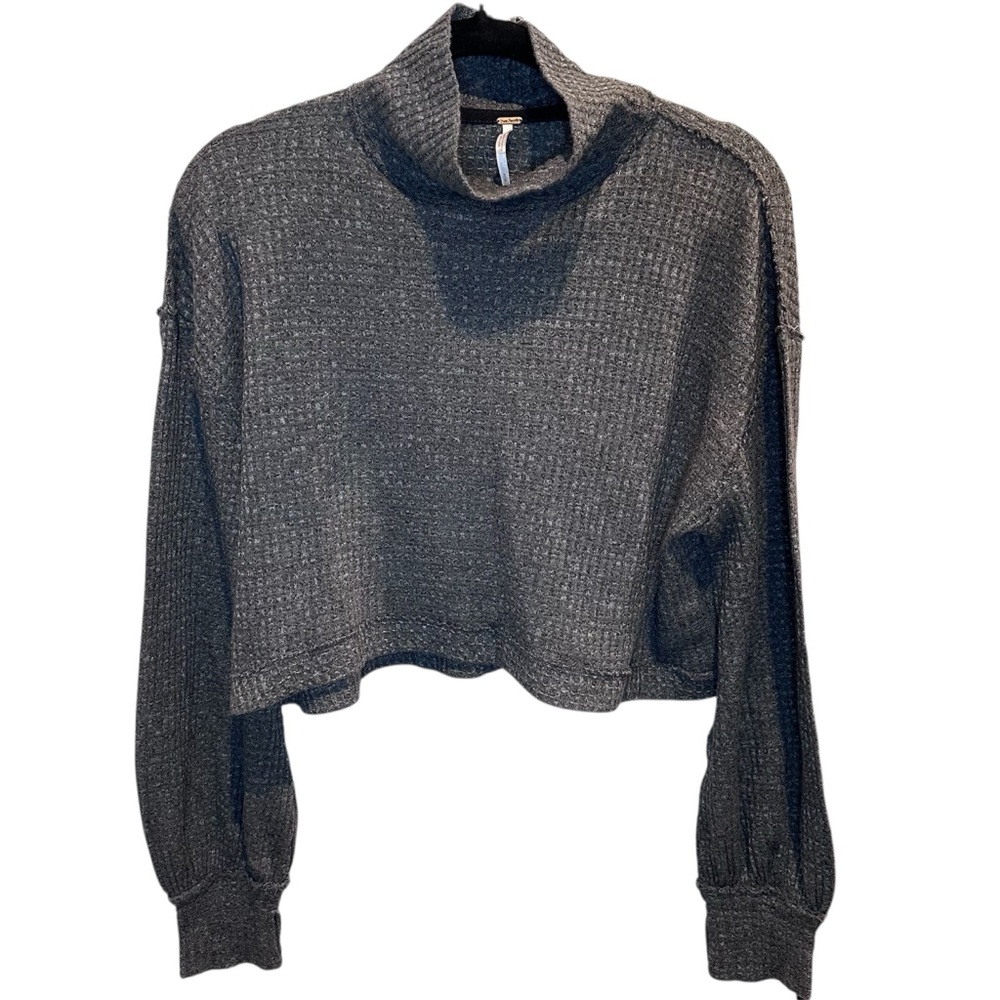 Free People Gray Waffle Knit Cropped Cotton Blend Mock Neck Sweater Small